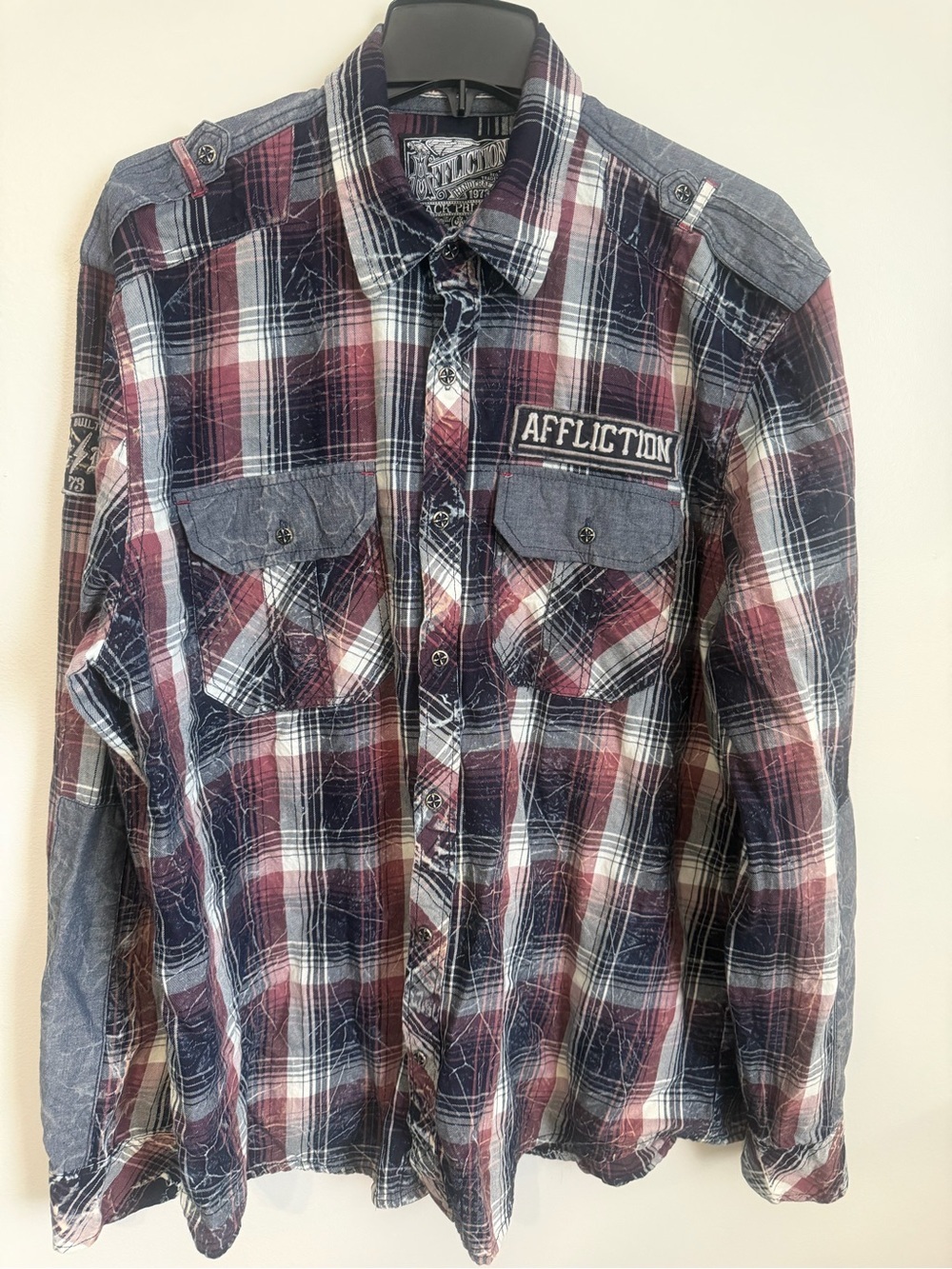 Affliction Men's Red & Blue Plaid Button-Up Black Premium Distressed  Shirt XXL